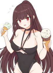Rule 34 | 1girl, bare shoulders, black one-piece swimsuit, blush, bow swimsuit, breasts, cleavage, collarbone, covered navel, food, girls&#039; frontline, highres, ice cream, large breasts, long hair, looking at viewer, official alternate costume, one-piece swimsuit, open mouth, purple hair, red eyes, risshu, solo, sweatdrop, swimsuit, wa2000 (girls&#039; frontline), wa2000 (op. manta ray) (girls&#039; frontline), white background