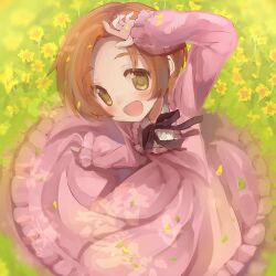 Rule 34 | 1girl, black bow, black bowtie, bow, bowtie, brown hair, buttons, circle skirt, collared shirt, commentary request, dress, field, fingernails, flower, flower field, frilled dress, frilled sleeves, frills, full body, green eyes, hand on own head, highres, hoshizora rin, light blush, long dress, long sleeves, looking at viewer, love live!, love live! school idol project, open mouth, petals, pink dress, pink sleeves, shirt, short hair, sitting, sleeves past wrists, smile, solo, square neckline, usamata, white shirt, yellow flower