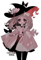 Rule 34 | 1girl, black eyes, blush, bug, butterfly, covered mouth, flower, hands up, hat, hat flower, heterochromia, bug, long hair, long sleeves, mamaloni, original, red eyes, simple background, solo, standing, white background, witch hat