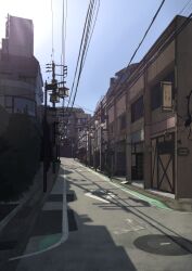 Rule 34 | absurdres, anyotete, blue sky, building, bush, city, cityscape, commentary, day, highres, house, lamppost, no humans, original, outdoors, power lines, road, scenery, shadow, shibuya (tokyo), sign, sky, street, sunlight, tokyo (city), translation request, utility pole