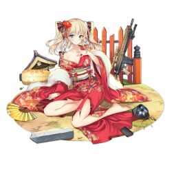 Rule 34 | 1girl, arm support, barefoot, black bag, black ribbon, blonde hair, blue eyes, blush, breasts, broken, cleavage, closed mouth, feet, floral print, flower, flower request, folding fan, full body, fur-trimmed kimono, fur trim, girls&#039; frontline, hair flower, hair ornament, hair ribbon, hand fan, hand on own chest, highres, japanese clothes, jianren, kimono, kneeling, large breasts, light frown, long hair, looking at viewer, magazine (weapon), medium breasts, obr (envoy of spring) (girls&#039; frontline), obr (girls&#039; frontline), off shoulder, official alternate costume, official art, red flower, red kimono, red ribbon, ribbon, shell casing, solo, tears, toes, torn clothes, torn kimono, transparent background, twintails, wide sleeves