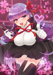 Rule 34 | 10s, 1girl, :d, bb (fate), bb (fate/extra), blush, breasts, fate/extra, fate/extra ccc, fate/grand order, fate (series), gloves, hair ribbon, heart, holding, large breasts, long hair, looking at viewer, neck ribbon, open mouth, panties, pantyshot, pink eyes, purple hair, red ribbon, ribbon, round teeth, smile, solo, teeth, thighhighs, underwear, very long hair, white gloves, white panties, wide sleeves