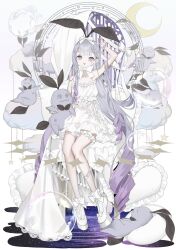 Rule 34 | 1girl, absurdres, arm at side, arm up, blunt bangs, bow, bridal garter, commentary request, crescent moon, dress, drill hair, frilled dress, frills, full body, grey hair, highres, kotarou (kot mochi), layered dress, leaf, leaf on head, long hair, looking at viewer, moon, open mouth, original, pillow, platform footwear, sidelocks, sitting, sky, spaghetti strap, star (sky), starry sky, stuffed toy, white dress