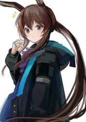 Rule 34 | 1girl, amiya (arknights), animal ears, arknights, ascot, azuazu 0405, black coat, blue choker, blue eyes, brown hair, choker, closed mouth, coat, commentary, from side, hand up, highres, hood, hood down, hooded coat, jewelry, long hair, looking at viewer, looking to the side, low ponytail, necktie, notice lines, official alternate costume, rabbit ears, ring, sidelocks, simple background, solo, upper body, white background
