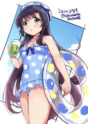 Rule 34 | 1girl, alternate costume, black hair, blue ribbon, blush, collarbone, cowboy shot, dated, drink, drinking straw, gradient hair, green eyes, hat, holding, holding drink, innertube, kantai collection, long hair, matsuwa (kancolle), multicolored hair, odawara hakone, one-hour drawing challenge, one-piece swimsuit, parted lips, polka dot headwear, ribbon, sailor hat, solo, swim ring, swimsuit, twitter username