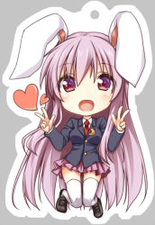 Rule 34 | 1girl, animal ears, bad id, bad pixiv id, blazer, blouse, breasts, chibi, double v, grey background, hisae (hisae collect), jacket, light purple hair, long hair, necktie, open mouth, pleated skirt, purple hair, rabbit ears, rabbit girl, rabbit tail, red eyes, red necktie, reisen udongein inaba, shirt, simple background, skirt, solo, tail, touhou, v, very long hair