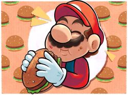 Rule 34 | 1boy, brown hair, burger, closed eyes, commentary, eating, facial hair, food, food in mouth, food on face, hat, highres, holding, holding food, jiggidyjakes, male focus, mario, mario (series), mustache, nintendo, patterned background, sesame seeds, solo, upper body