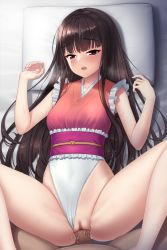 Rule 34 | 1boy, 1girl, alternate costume, azure-maya, bare shoulders, barefoot, bed, belt, black hair, blush, breasts, clothed sex, clothing aside, frills, heart, highres, houraisan kaguya, long hair, looking at viewer, lying, medium breasts, missionary, on back, one-piece swimsuit, open mouth, penis, pillow, pink belt, pink one-piece swimsuit, pov, pussy, pussy juice, red eyes, sex, smile, solo, speech bubble, spread legs, swimsuit, textless version, touhou, touhou tag dream, white one-piece swimsuit, wrestling outfit