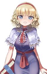 Rule 34 | 1girl, absurdres, alice margatroid, blonde hair, blue dress, blue eyes, blunt bangs, book, capelet, collared capelet, cowboy shot, dress, gunnjou yosio, hairband, highres, holding, holding book, lace-trimmed capelet, lace trim, looking at viewer, medium hair, necktie, open mouth, red hairband, red necktie, red ribbon, ribbon, smile, solo, standing, teeth, touhou, waist ribbon, wavy hair, white background, white capelet