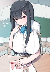 Rule 34 | 1girl, puff of air, akitokage, arm support, armband, asymmetrical bangs, black hair, black skirt, blue bow, blue bowtie, blunt bangs, blush, bow, bowtie, breasts, brown thighhighs, bursting breasts, chalkboard, chestnut mouth, classroom, collared shirt, cowboy shot, desk, dress shirt, faceless, faceless female, fisheye, hair between eyes, hair ornament, hairclip, hand on own face, highres, indoors, large breasts, long hair, looking at viewer, no pupils, nozomi (akitokage01), open mouth, original, pink lips, pleated skirt, purple eyes, school desk, shirt, short sleeves, sidelocks, skirt, smile, solo, straight hair, thighhighs, tsurime, white shirt, zettai ryouiki