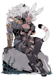 Rule 34 | 2girls, animal ears, blush, byuub, final fantasy, final fantasy xiv, furry, furry female, furry with non-furry, grey fur, grey hair, interspecies, licking, licking another&#039;s face, lion ears, lion girl, lion tail, long hair, messy hair, multiple girls, rabbit ears, rock, short hair, sitting, sweatdrop, tail, tongue, viera, warrior of light (ff14), yuri