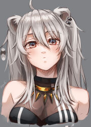 Rule 34 | ahoge, animal ear piercing, animal ears, black shirt, breasts, cleavage, color guide, commentary request, cropped arms, cropped torso, double-parted bangs, dress, gold necklace, grey background, grey eyes, grey hair, hair between eyes, hapchi, hololive, jewelry, lion ears, lion girl, long hair, medium breasts, necklace, see-through, see-through cleavage, shirt, shishiro botan, shishiro botan (1st costume), sidelocks, sleeveless, sleeveless dress, striped clothes, striped shirt, vertical-striped clothes, vertical-striped shirt, virtual youtuber