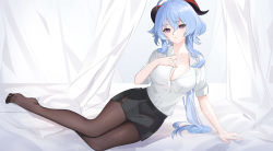 Rule 34 | 1girl, ahoge, alternate costume, arm support, bad id, bad pixiv id, black skirt, blue hair, blush, breasts, chinese commentary, cleavage, collarbone, collared shirt, commentary request, curled horns, eyelashes, full body, ganyu (genshin impact), genshin impact, goat horns, hand on own chest, heizhouzi (nankyoko), highres, horns, large breasts, legs, light smile, lips, long hair, long sleeves, looking at viewer, miniskirt, no shoes, pantyhose, purple eyes, red horns, shirt, sidelocks, sitting, skirt, sleeves rolled up, solo, thighband pantyhose, toes, white curtains, white shirt, wing collar