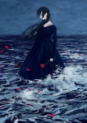 Rule 34 | 1girl, black dress, black hair, dress, dyuba000, flower, grey hair, highres, holding, holding flower, long dress, long hair, night, ocean, original, overcast, painterly, parted lips, partially submerged, petals, pointy nose, profile, red flower, red rose, rose, rose petals, sky, solo, splashing, standing, water