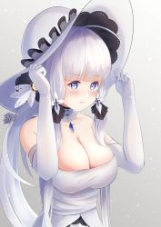 Rule 34 | 1girl, azur lane, bare shoulders, black ribbon, breasts, cleavage, detached collar, dress, elbow gloves, gloves, grey background, hat, highres, illustrious (azur lane), lace-trimmed headwear, lace trim, large breasts, long hair, looking at viewer, purple eyes, ribbon, simple background, solo, strapless, strapless dress, sun hat, upper body, very long hair, white dress, white gloves, white hair, white hat, yorumon