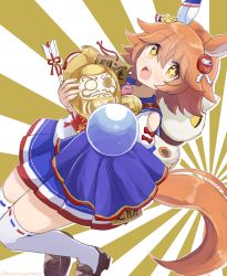 Rule 34 | + +, 1girl, :d, animal ears, arrow (projectile), blue skirt, brown eyes, coin, commentary request, crystal ball, daruma doll, ear covers, ema, gold, hair ornament, hamaya, highres, horse ears, horse girl, horse tail, koban (gold), looking at viewer, matikanefukukitaru (umamusume), open mouth, orange hair, pleated skirt, sangria (sangria69), single ear cover, skirt, smile, solo, tail, thighhighs, twitter username, two-tone background, umamusume, white thighhighs, zettai ryouiki