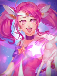 Rule 34 | 1girl, :d, bow, bowtie, bright pupils, choker, earrings, gloves, headband, holding, holding staff, jewelry, league of legends, leng, long hair, looking at viewer, lux (league of legends), magic, magical girl, open mouth, outstretched arm, pink hair, purple bow, purple bowtie, round teeth, smile, staff, star (symbol), star guardian (league of legends), star guardian lux, teeth, twintails, white gloves, white pupils