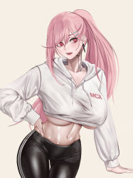 Rule 34 | 1girl, absurdres, black pants, blush, breasts, earrings, feet out of frame, gcg, girls&#039; frontline, hand on own hip, highres, hood, hoodie, jewelry, large breasts, lips, long hair, looking away, mole, mole under eye, navel, neck tattoo, open mouth, pants, pink hair, ponytail, red eyes, sig mcx (girls&#039; frontline), simple background, solo, standing, stomach, tattoo, underboob, white hoodie