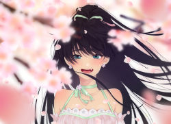 Rule 34 | 1girl, :d, bare shoulders, black hair, blush, choker, collarbone, commentary request, earrings, fang, floating hair, flower earrings, ganaha hibiki, green choker, green ribbon, high ponytail, highres, idolmaster, idolmaster (classic), jewelry, long hair, looking at viewer, nakamura (mugenlism), open mouth, petals, ribbon, ribbon choker, sidelocks, smile, solo, upper body, very long hair, white background, wind