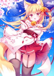 Rule 34 | 1girl, animal ear fluff, animal ears, bell, black panties, black thighhighs, blonde hair, breasts, cameltoe, commentary request, day, fang, flower, fox ears, fox girl, fox tail, fuxiyu, garter straps, gluteal fold, hair bell, hair between eyes, hair ornament, hair ribbon, highres, japanese clothes, jingle bell, kimono, lace, lace-trimmed legwear, lace trim, large breasts, long hair, obi, one side up, open mouth, original, outdoors, panties, petals, pink flower, pleated skirt, red eyes, red ribbon, red skirt, ribbon, sash, skirt, solo, tail, thighhighs, underwear, very long hair, white kimono