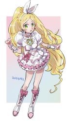 Rule 34 | blonde hair, boots, cure rhythm, earrings, frilled skirt, frills, green eyes, hair ribbon, highres, jewelry, long hair, looking to the side, magical girl, precure, ribbon, simple background, skirt, solo, suite precure, very long hair, wachaponei, wrist cuffs