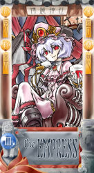 Rule 34 | 1girl, alcohol, alternate costume, bat wings, blue hair, cupping glass, female focus, fright (artist), fright (hazelnut cafe), hat, red eyes, remilia scarlet, short hair, solo, tarot, tarot (medium), the empress (tarot), touhou, wine, wings