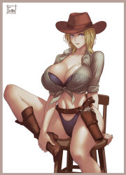 1girl belt bikini black_bikini blonde_hair blue_eyes boots breasts chair cleavage cowboy_boots cowboy_hat dead_or_alive dead_or_alive_6 gun handgun hat highres holster holstered large_breasts lips long_hair looking_at_viewer navel on_chair revolver shirt short_hair simple_background smile solo stomach swimsuit tied_shirt tina_armstrong tomo_eokaiteru underwear weapon