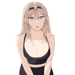 Rule 34 | 1girl, :o, absurdres, alternate breast size, an-94 (girls&#039; frontline), black camisole, black hairband, black pants, blonde hair, blue eyes, breasts, camisole, collarbone, girls&#039; frontline, hair ornament, hairband, highres, kavni, large breasts, long hair, looking at viewer, midriff, navel, pants, simple background, solo, white background
