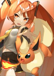 Rule 34 | 1girl, absurdres, breath weapon, breathing fire, brown shorts, collared shirt, commentary, creatures (company), crossover, eyelashes, fangs, fire, flareon, game freak, gen 1 pokemon, grey shirt, hatsune miku, highres, looking at viewer, necktie, nintendo, open mouth, orange eyes, orange hair, pokemon, pokemon (creature), reirou (chokoonnpu), shirt, shorts, sleeveless, sleeveless shirt, spread fingers, symbol-only commentary, tongue, twintails, vocaloid, yellow neckwear