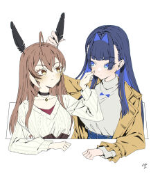 Rule 34 | 2girls, ahoge, black choker, blue eyes, blue hair, blunt bangs, breasts, brown eyes, brown hair, cheek pinching, choker, coat, colored inner hair, denim, feather hair ornament, feathers, hair intakes, hair ornament, high-waist pants, hololive, hololive english, jewelry, large breasts, long hair, multicolored hair, multiple girls, nanashi mumei, nanashi mumei (casual), necklace, ouro kronii, ouro kronii (casual), pants, pinching, shirt, signature, simple background, streaked hair, sweater, table, taka t, virtual youtuber, white background, white hair, white shirt, white sweater