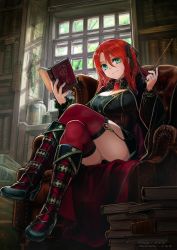 Rule 34 | 1girl, absurdres, armchair, book, book stack, boots, braid, breasts, brooch, chair, cleavage, closed mouth, commission, crossed legs, green eyes, hair between eyes, high heel boots, high heels, highres, holding, holding book, holding wand, indoors, jewelry, komota (kanyou shoujo), large breasts, library, looking at viewer, one side up, original, red hair, red thighhighs, sitting, skeb commission, smile, solo, thighhighs, wand