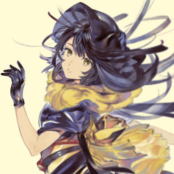 Rule 34 | 1girl, back bow, black gloves, black hair, bow, brown eyes, gloves, hand up, highres, long hair, looking at viewer, original, parted lips, simple background, solo, umishima senbon, upper body, yellow background, yellow bow