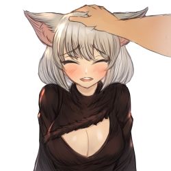 Rule 34 | 1boy, 1girl, ^ ^, absurdres, animal ears, blush, breasts, cat ears, cat girl, cleavage, closed eyes, commentary, commission, facing viewer, hand on another&#039;s head, happy, headpat, highres, large breasts, open mouth, original, pixiv commission, smile, solo focus, sookmo, teeth, upper body, upper teeth only, white hair