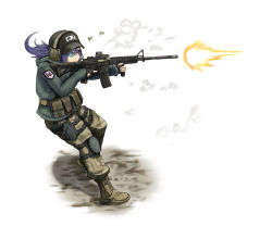 Rule 34 | 1girl, artistic error, assault rifle, bad hands, boots, buckle, camouflage, casing ejection, desert camouflage, eotech, fingerless gloves, firing, glasses, gloves, gun, handgun, hat, headset, highres, holster, knee pads, kurou, load bearing vest, m4 carbine, military operator, original, rifle, shell casing, simple background, smoke, snap-fit buckle, soldier, solo, thigh holster, vertical forward grip, weapon, woodland camouflage
