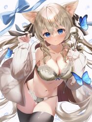 Rule 34 | animal ears, blonde hair, blue butterfly, blue eyes, blush, bra, breasts, bug, butterfly, cardigan, cat ears, cleavage, collarbone, flower, grey bra, grey panties, highres, holding, holding flower, insect, large breasts, lingerie, long hair, long sleeves, looking at viewer, open cardigan, open clothes, original, panties, simple background, tsukimiya sara, twintails, underwear, very long hair, white background, white cardigan