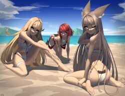Rule 34 | 3girls, absurdres, adapted costume, all fours, artist name, barefoot, beach, bikini, black bikini, blonde hair, blue sky, breasts, brown eyes, brown hair, cleavage, closed mouth, cloud, cloudy sky, commentary, day, english commentary, feet, full body, hand on own leg, hand up, hands on own leg, highleg, highleg bikini, highres, knee up, legs, long hair, looking at viewer, medium breasts, medium hair, multiple girls, mythra (radiant beach) (xenoblade), mythra (xenoblade), nia (blade) (xenoblade), nia (xenoblade), one eye closed, outdoors, pyra (pro swimmer) (xenoblade), pyra (xenoblade), red eyes, red hair, shadow, sidelocks, sitting, sky, small breasts, soles, swept bangs, swimsuit, thigh strap, toenails, toes, wariza, white bikini, x xith x, xenoblade chronicles (series), xenoblade chronicles 2