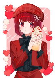 Rule 34 | 1girl, absurdres, arima kana, beret, bob cut, closed mouth, cup, hat, hat ribbon, heart, highres, holding, holding cup, inverted bob, oshi no ko, pink background, red eyes, red hair, red hat, red shirt, red skirt, ribbon, shirt, short hair, skirt, smile, solo, xiang yu pai