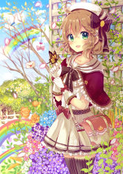 Rule 34 | 1girl, :d, absurdres, ahoge, animal, bag, bare tree, beret, bird, black bow, black ribbon, black thighhighs, blouse, blue flower, blue sky, blush, bow, braid, brown hair, bug, butterfly, butterfly on hand, capelet, center frills, cloud, collarbone, commentary request, cowboy shot, day, flower, frilled capelet, frills, gloves, glowing, glowing petals, green eyes, hair between eyes, hair bow, hat, heart, highres, hydrangea, insect, letter, looking at viewer, love letter, melting, on finger, open mouth, orange flower, original, outdoors, petals, pink bow, pink flower, pleated skirt, purple capelet, purple flower, rainbow, revision, ribbon, sakura oriko, shirt, shoulder bag, side braid, skirt, sky, smile, solo, standing, star (symbol), striped clothes, striped thighhighs, thighhighs, tree, vertical-striped clothes, vertical-striped thighhighs, white flower, white gloves, white hat, white shirt, white skirt