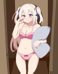Rule 34 | 1girl, absurdres, belly, blush, blush stickers, bow, bra, breasts, commission, door, hair ribbon, highres, holding, holding pillow, hoshifuri iku, indie virtual youtuber, indoors, long hair, looking at viewer, navel, one eye closed, panties, pillow, pink bra, pink eyes, pink panties, prism project, ribbon, solo, thighs, underwear, underwear only, virtual youtuber, wink
