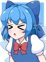 Rule 34 | &gt; &lt;, 1girl, blue background, blue bow, blue dress, blue hair, blush, bow, cirno, collared shirt, detached wings, dress, hair bow, ice, ice wings, neck ribbon, neferkitty, open mouth, pinafore dress, puffy short sleeves, puffy sleeves, ribbon, shirt, short hair, short sleeves, sleeveless, sleeveless dress, touhou, white shirt, wings