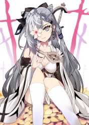 Rule 34 | 1girl, absurdres, black ribbon, collarbone, cone hair bun, cosplay, drag-on dragoon, drag-on dragoon 3, dress, feet out of frame, flower, flower in eye, grey eyes, grey hair, hair bun, hair ribbon, head tilt, highres, hololive, hololive indonesia, kneehighs, knees together feet apart, long hair, looking at viewer, parted lips, ribbon, sitting, smile, socks, solo, sword, symbol in eye, vestia zeta, virtual youtuber, weapon, weapon on back, white dress, white socks, wide sleeves, yakuyaku, yellow flower, zero (drag-on dragoon), zero (drag-on dragoon) (cosplay)