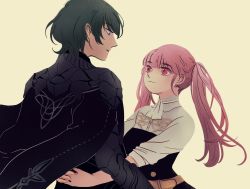 Rule 34 | 1boy, 1girl, armor, arms around waist, belt, black skirt, blue eyes, blue hair, byleth (fire emblem), byleth (male) (fire emblem), cape, closed mouth, couple, fire emblem, fire emblem: three houses, garreg mach monastery uniform, hetero, hilda valentine goneril, holding person, long hair, looking at another, matching hair/eyes, nintendo, pink eyes, pink hair, reronart, shirt, short sleeves, simple background, skirt, tan background, twintails, upper body, white shirt