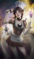 Rule 34 | 1girl, absurdres, apron, black bow, black choker, bow, braid, brown hair, chef hat, choker, commentary, cupcake, dress, english commentary, explosion, explosive, food, hair bow, hair ribbon, hat, highres, lips, lipstick, looking at viewer, maid, makeup, original, parted lips, pillsbury doughboy, pink eyes, puffy short sleeves, puffy sleeves, ragecndy, red dress, red lips, ribbon, short hair, short sleeves, solo, torn apron, torn clothes, torn dress, tress ribbon, twin braids, waist apron, white apron, white bow