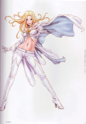 Rule 34 | 1girl, absurdres, animification, arm behind back, bare shoulders, blonde hair, blue eyes, boots, breasts, cape, character name, choker, cleavage, contrapposto, corset, crop top, elbow gloves, emma frost, fighting stance, foreshortening, full body, gloves, high heel boots, high heels, highres, hip focus, leaning to the side, legs apart, lipstick, long hair, looking at viewer, lowleg, makeup, marvel, midriff, navel, no bra, non-web source, outstretched arm, outstretched hand, pants, shoes, simple background, skin tight, smile, solo, spread legs, standing, strapless, superhero costume, thigh boots, thighhighs, tube top, white background, white thighhighs, wide hips, wind, x-men, yamashita shun&#039;ya