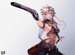 Rule 34 | 1girl, au ra, belt, blue background, blue eyes, braid, breasts, choker, cigarette, commission, cowboy shot, dragon horns, dragon tail, fighting stance, final fantasy, final fantasy xiv, gun, headband, highres, holding, holding gun, holding weapon, horns, machinist (final fantasy), medium hair, mouth hold, pants, scales, second-party source, silver hair, small breasts, smoking, solo, tail, tight clothes, tight pants, warrior of light (ff14), weapon, yun fuyu