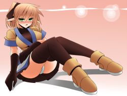 Rule 34 | 1girl, ass, black gloves, black ribbon, black shirt, black skirt, black thighhighs, blonde hair, blush, boots, breasts, brown footwear, brown jacket, commentary request, elbow gloves, full body, gloves, green eyes, hair between eyes, hair ribbon, jacket, large breasts, layered clothes, looking at viewer, mizuhashi parsee, multicolored clothes, multicolored jacket, open mouth, panties, pleated skirt, pointy ears, ribbon, shirt, short hair, short ponytail, short sleeves, skirt, solo, thighhighs, touhou, ueda katsuhito, underwear