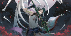 Rule 34 | 1boy, ahoge, arm tattoo, bead necklace, beads, black gloves, black hair, bone, closed mouth, facial mark, flower, flower request, forehead mark, genshin impact, gloves, green hair, holding, holding polearm, holding spear, holding weapon, jewelry, long hair, looking at viewer, male focus, mask, multicolored hair, necklace, night, night sky, outdoors, parted bangs, petals, polearm, red flower, ribs, shioha, sky, sleeveless, slit pupils, solo, spear, star (sky), starry sky, tassel, tattoo, weapon, xiao (genshin impact), yellow eyes