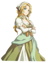 Rule 34 | 1girl, bandana, blonde hair, blue eyes, character request, crossed arms, harvest moon, looking at viewer, official art, rune factory, simple background, solo