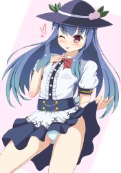 Rule 34 | 1girl, akizuki (akizuki71), black headwear, black skirt, blue hair, blue panties, blush, bow, bowtie, breasts, clothes lift, food, fruit, hand on own chest, hat, heart, highres, hinanawi tenshi, leaf, long hair, looking at viewer, one eye closed, panties, peach, pink background, red eyes, red neckwear, shirt, short sleeves, skirt, skirt lift, small breasts, smile, standing, tongue, tongue out, touhou, underwear, white shirt, wink