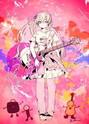 Rule 34 | 1girl, 3kuma, blue eyes, bocchi the rock!, bracelet, cube hair ornament, frown, gotoh hitori, guitar, hair ornament, highres, holding, holding instrument, instrument, jewelry, long hair, multicolored background, one side up, pants, pants under skirt, pink hair, skirt, solo, translation request